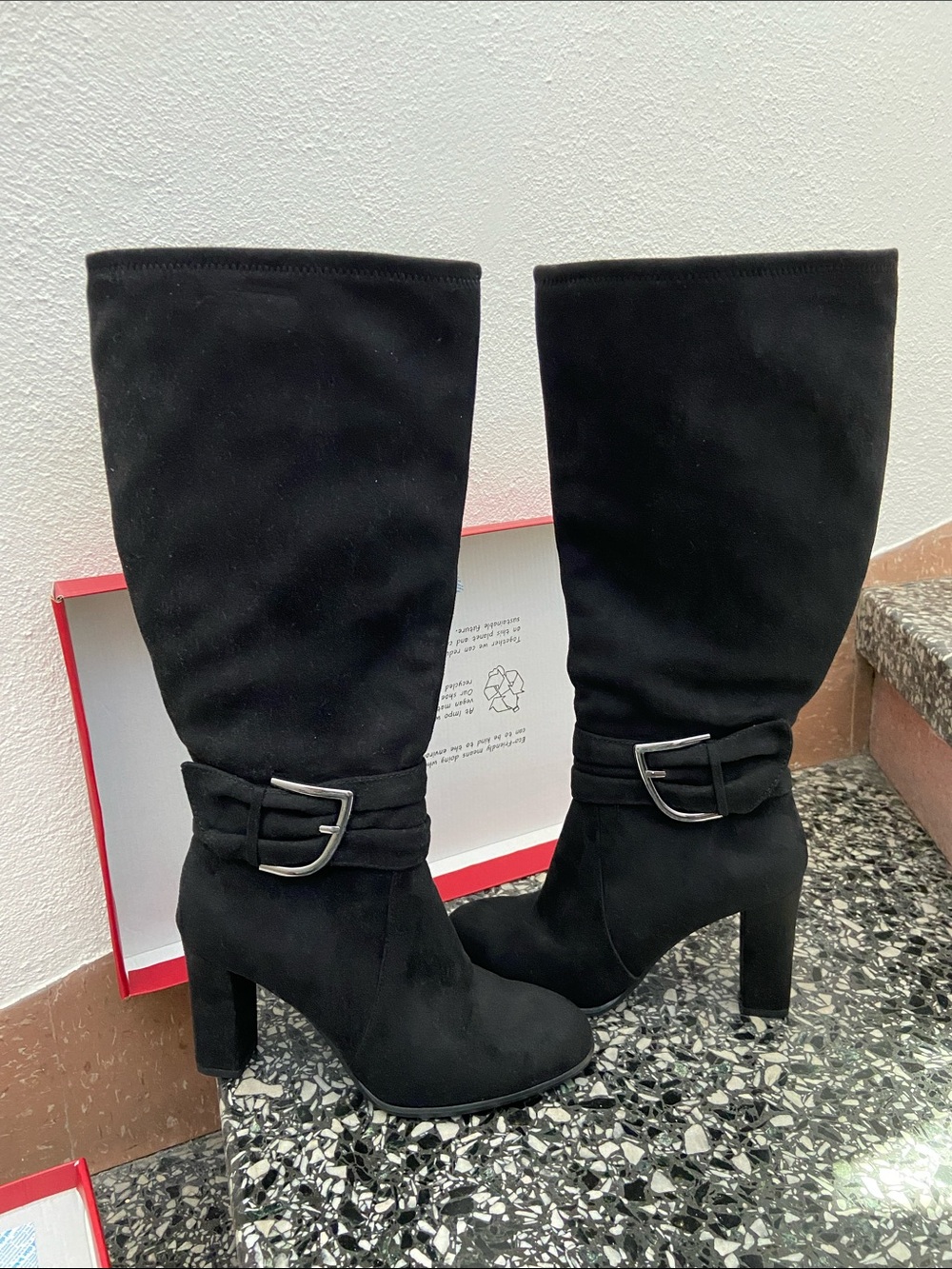 Impo Black Suede Heeled Boots with Buckle Accent